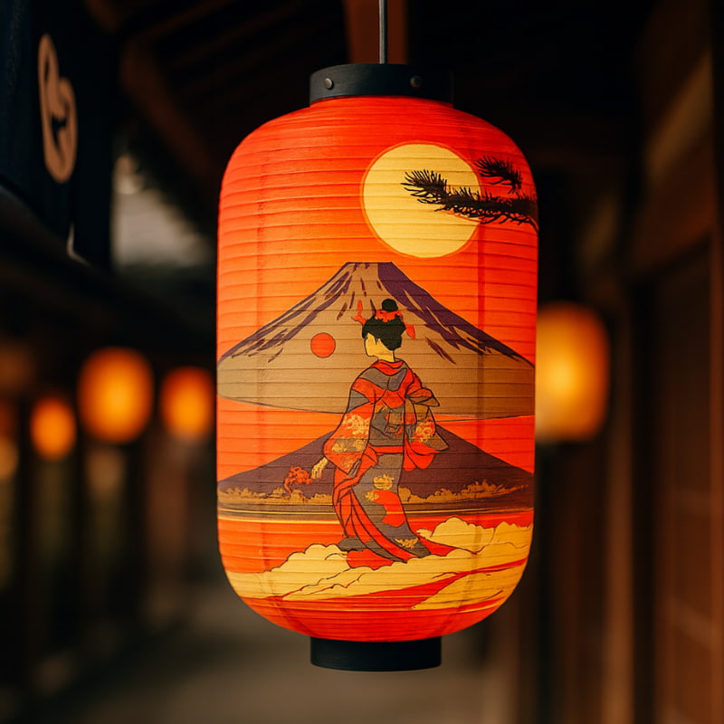 Decorative japanese red lantern with Mount Fuji and a geisha design on an orange background