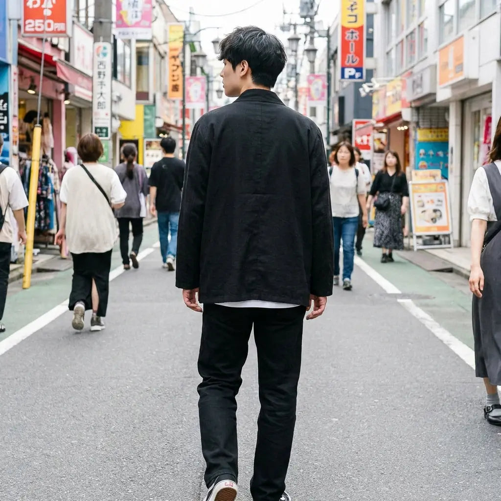Back view of a japanese samue worn in a Harajuku street, showing the full print