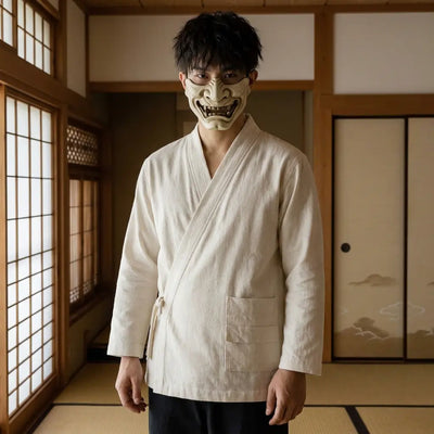 Man wearing a japanese samue shirt in a Japanese washitsu room with shoji screens, waist-up front view
