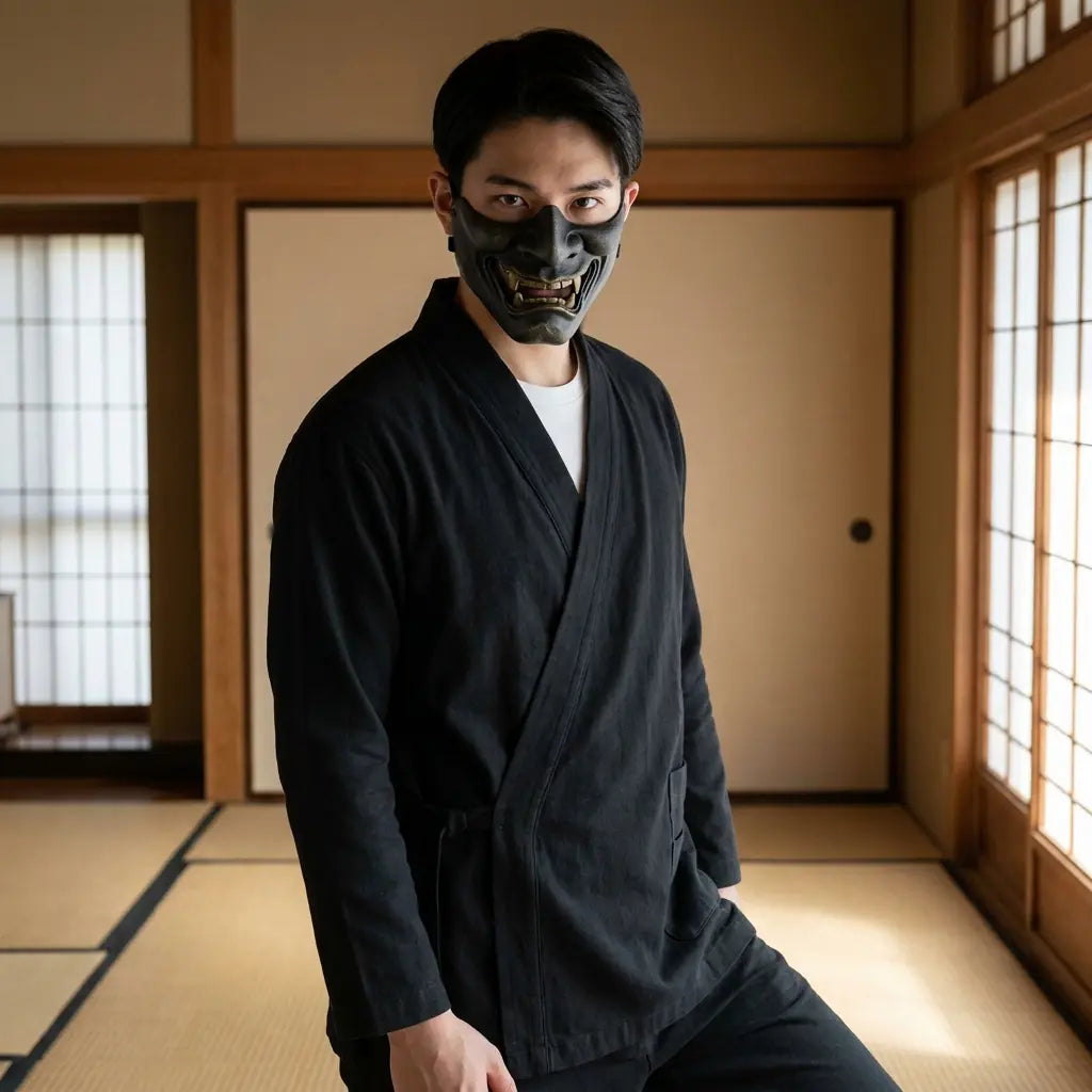 Man wearing a japanese samue in a Japanese washitsu room with shoji screens, waist-up front view