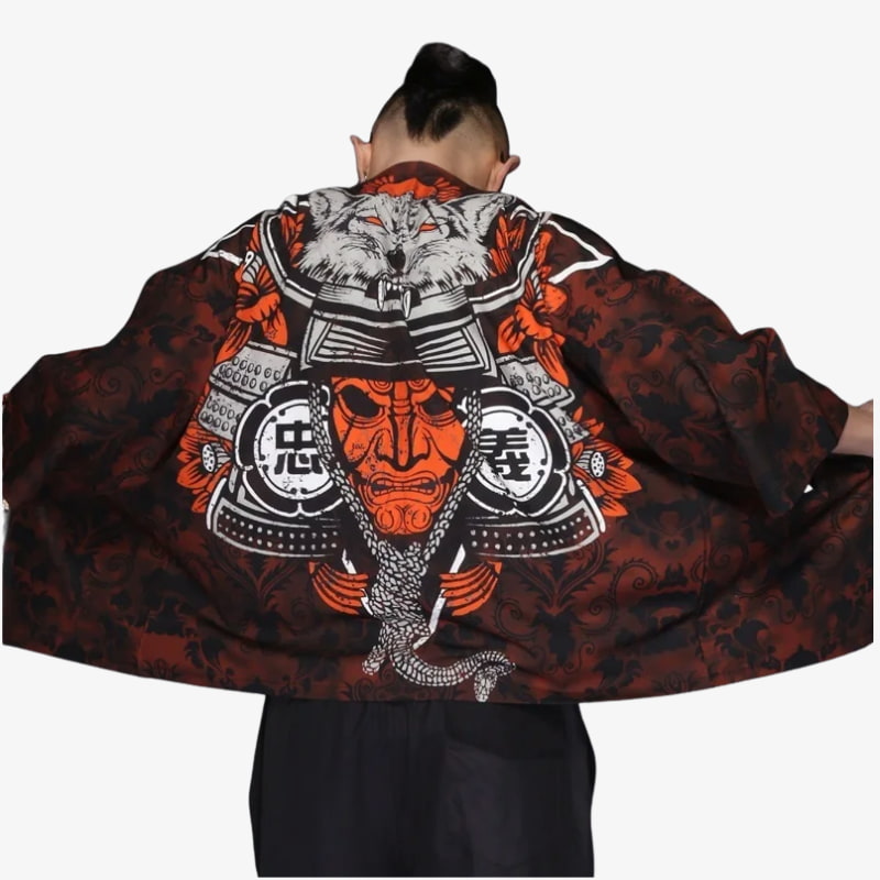 Person wearing a traditional Japanese samurai jacket kimono with intricate designs on a white background