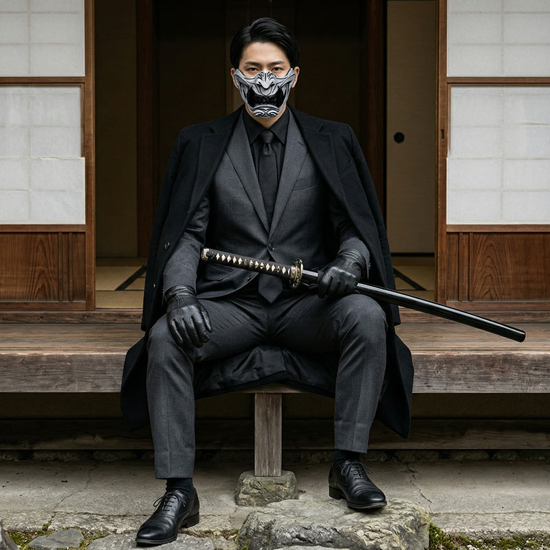 Person in a dark suit with a mask and katana sitting on steps in front of a traditional building.
