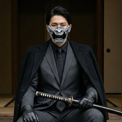 Man in a dark suit with a mask and katana in a traditional Japanese setting