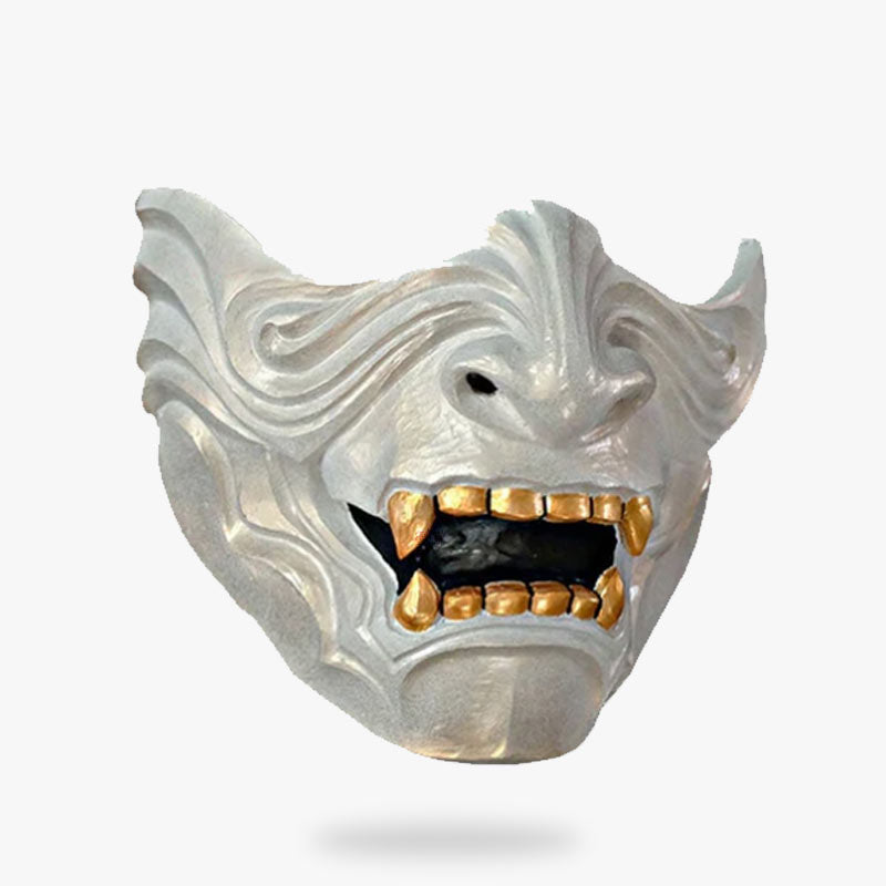 This Japanese samurai oni mask is a Japanese demon face with teeth and fangs. White japanese mask, made with fiberglass