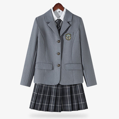 this japanese school uniforms cosplay is a grey japanese schoolgirl jacket with a japanese plaid skirt, a white shirt and a plaid tie