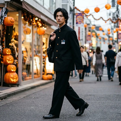 Model walking in the black Japanese student uniform showing the boxy jacket silhouette in motion