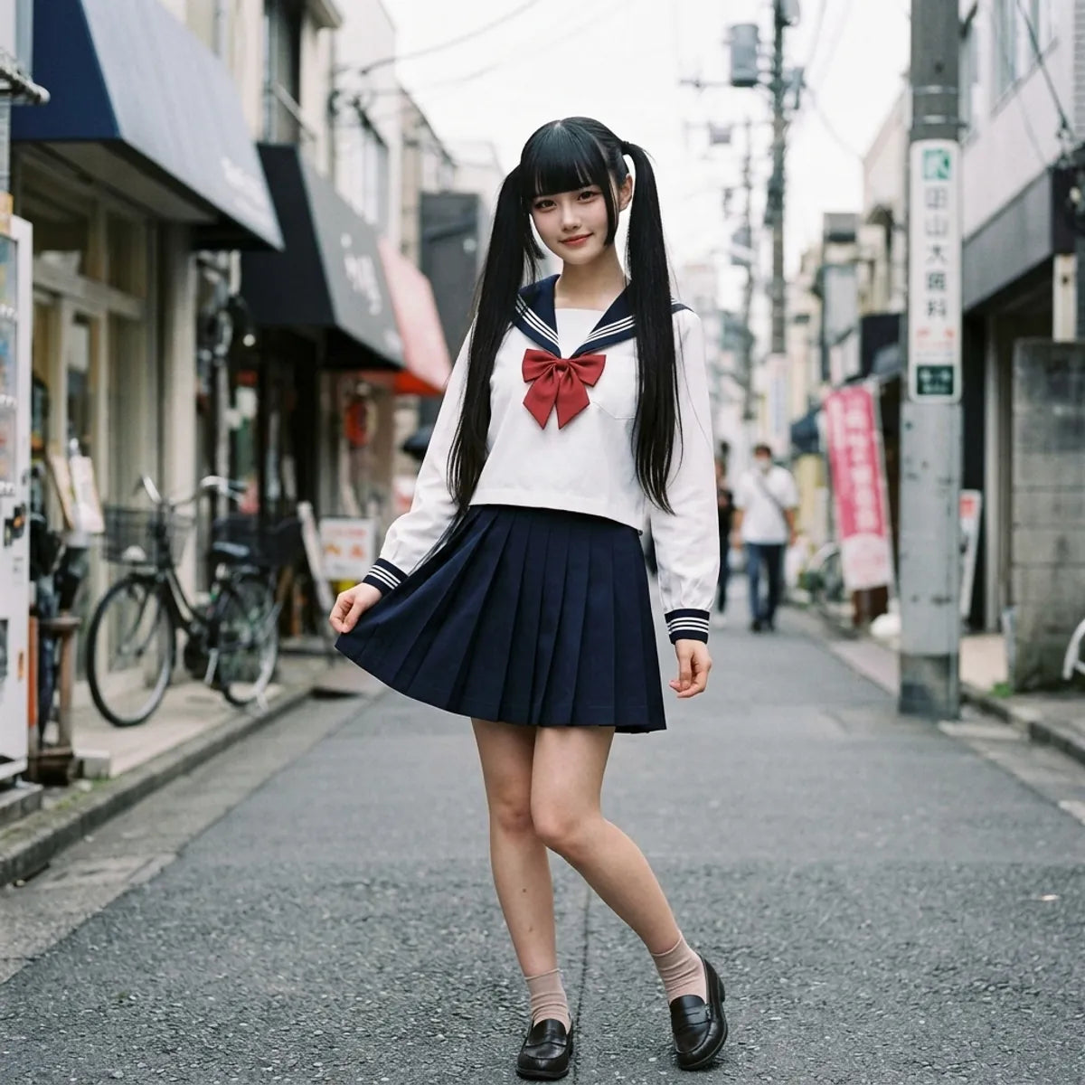 White sailor-collar top with red bow and navy pleated skirt shown from the front