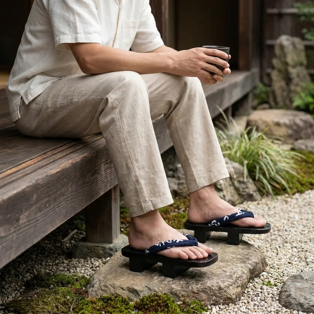 Japanese shoe worn with white tabi socks on stone garden path