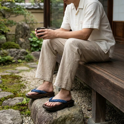 Japanese shoes woman walking through a traditional Japanese garden