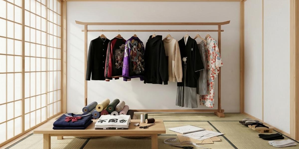Clothing rack with various garments in a room with tatami flooring and sliding doors in Japanese shop Tokyo with kimono traditional clothing and japanese streetwear clothes