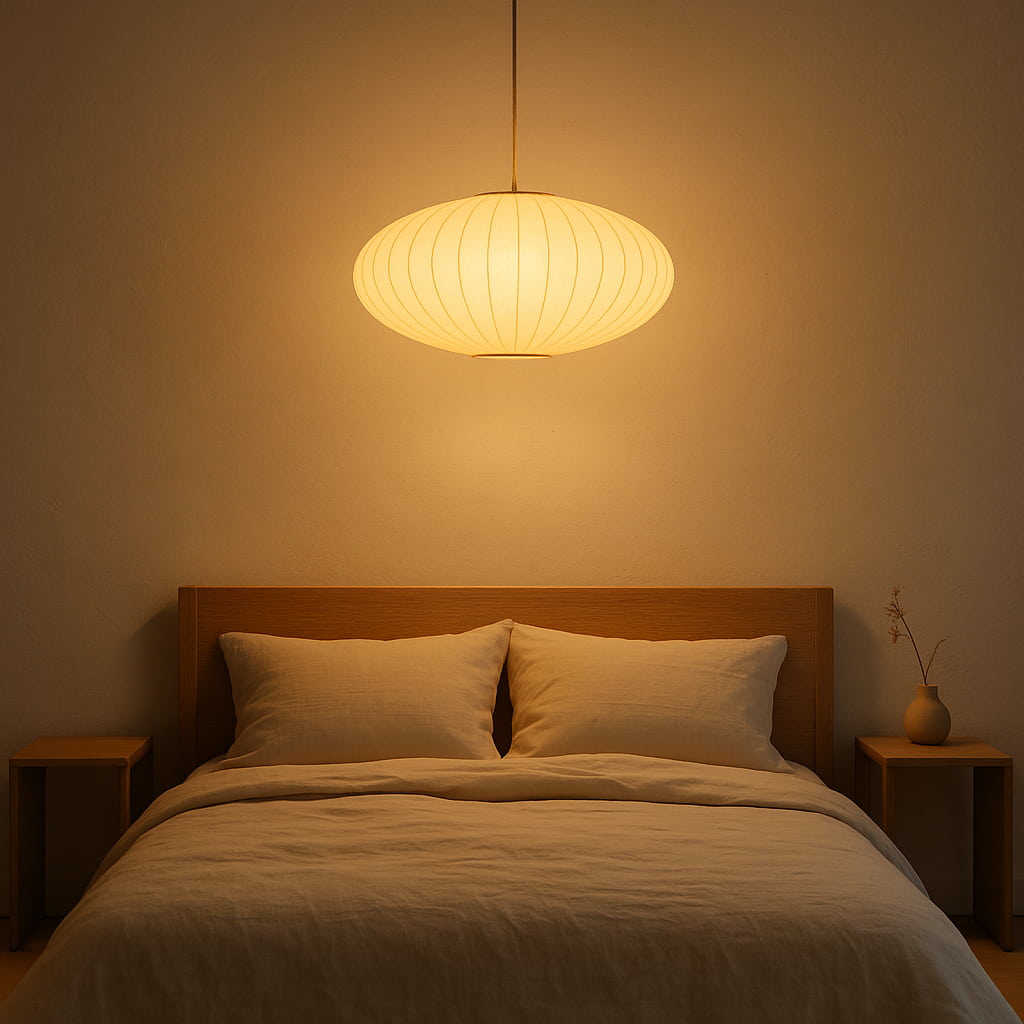 Bedroom with a wooden headboard, two pillows, and a hanging japanese silk chandelier lamp casting a warm glow.