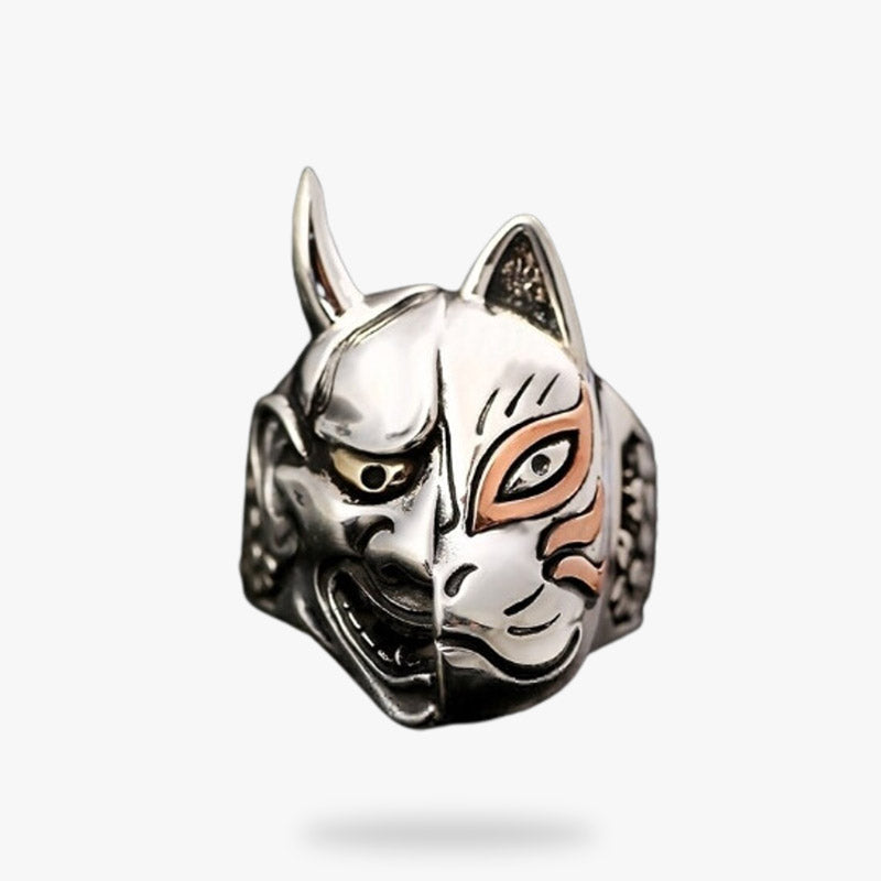 Japanese Silver Ring with a demon Oni face and a Japanese fox kitsune
