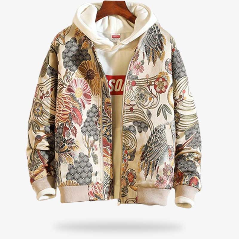 This japanese souvenir bomber jacket is a sukajan jacket with nature motifs.