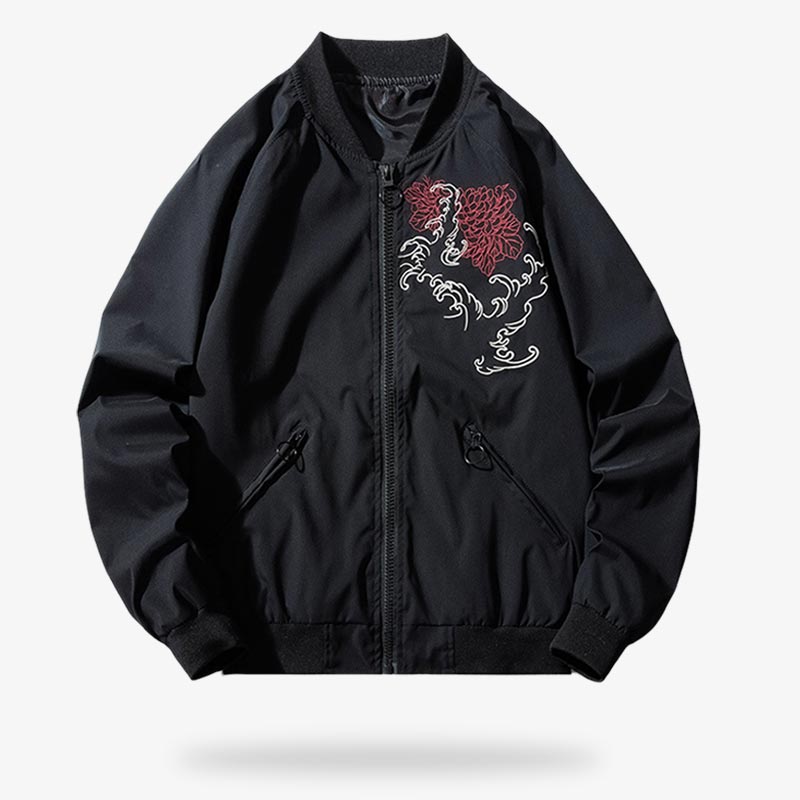 This japanese souvenir jacket buy is a mens sukajan jacket. This Japanese bomber is embroidered with a Japanese dragon motif in the back and a Japanese lycoris radiata on the front. Black colored japanese bomber jacket