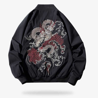 This lightweight Japanese souvenir jacket coat is a black japanese bomber jacket. This type of long-sleeved jacket is a Japanese sukajan