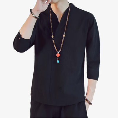 A japanese store shirt with a black outfit and casual style