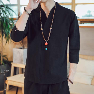 A japanese store shirt with a black outfit and casual style
