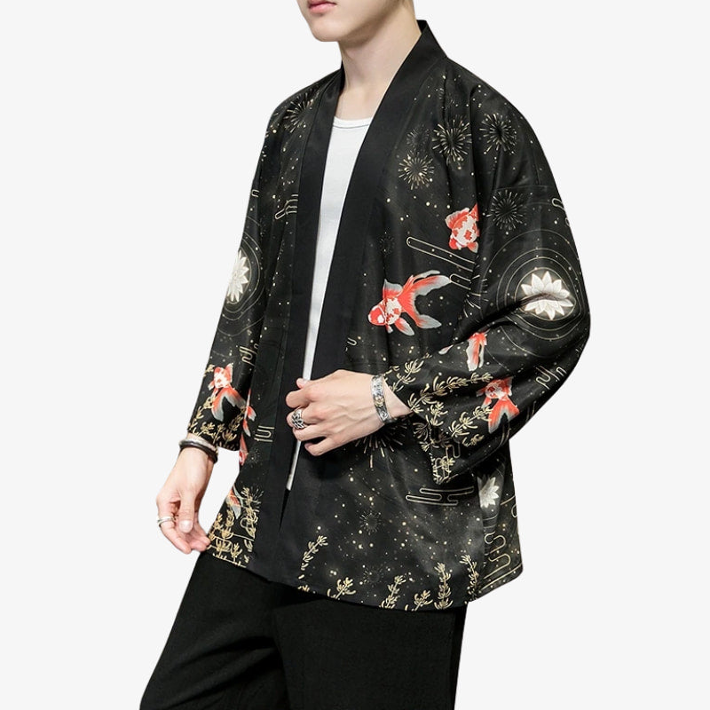 Person wearing a japanese-street-haori-jacket style with gold and red floral patterns on a white background