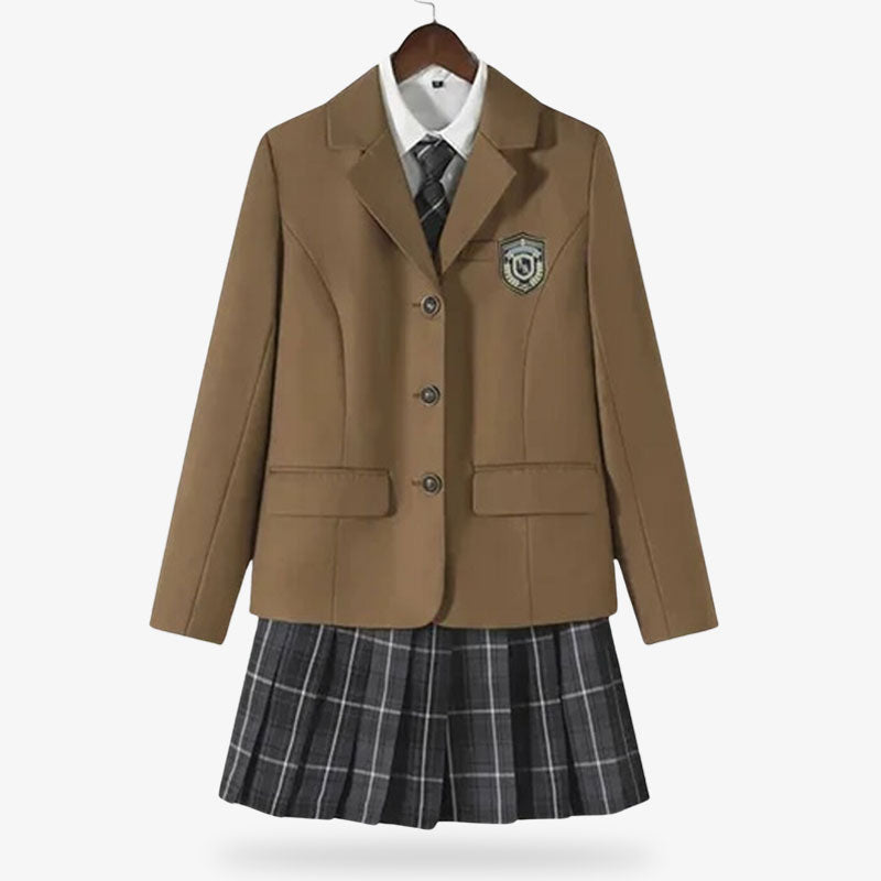 This japanese student uniform costume is a full set with a white shirt, a green japanese jacket, a tie and a skirt. Full set for a Japanese Schoolgirl cosplay costume