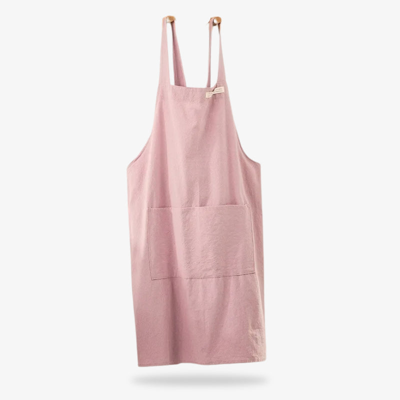 Japanese style apron dress made of linen and cotton, featuring a cross-back design that provides ergonomic support and classic aesthetics.