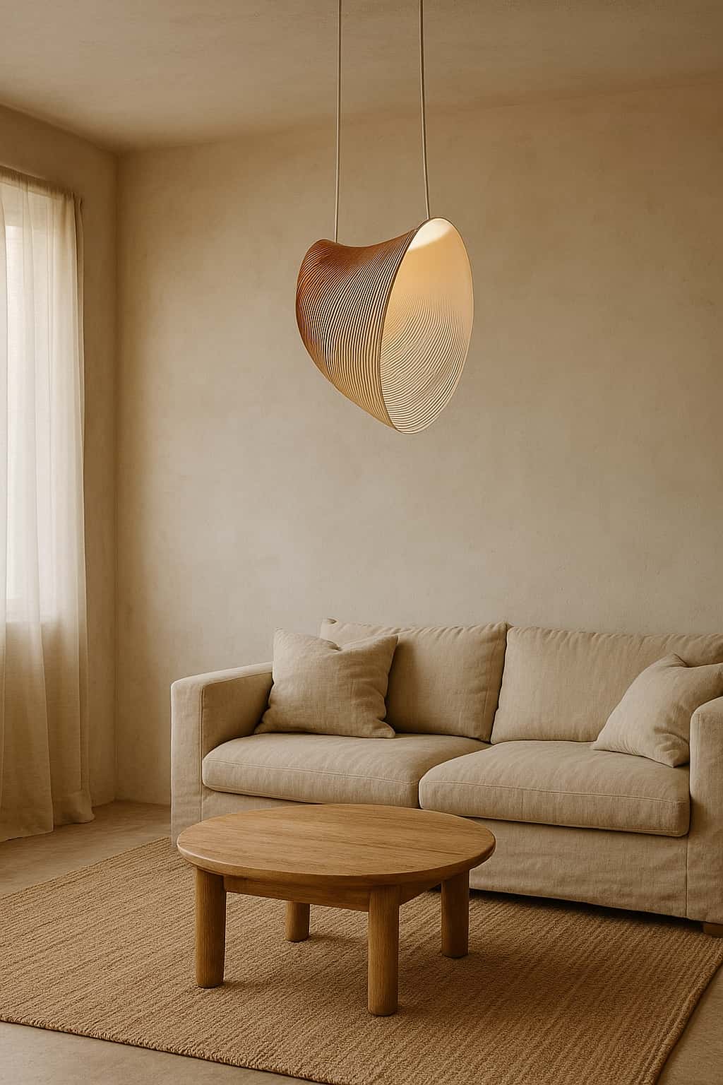 Beige living room with a sofa, coffee table, and a japanese style ceiling lamp​.