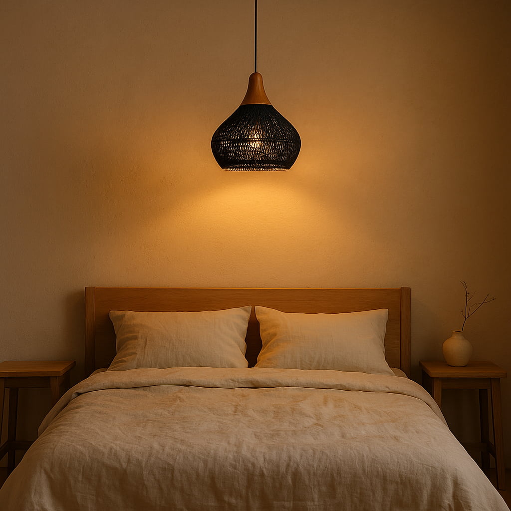 Bedroom with a wooden headboard, beige bedding, and a black Japanese style hanging lantern​.