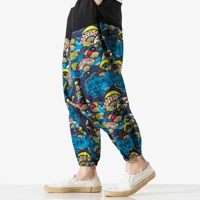 These japanese style pants men are printed with Sensu fan patterns. Japanese pants cotton material and  symbols are colorful