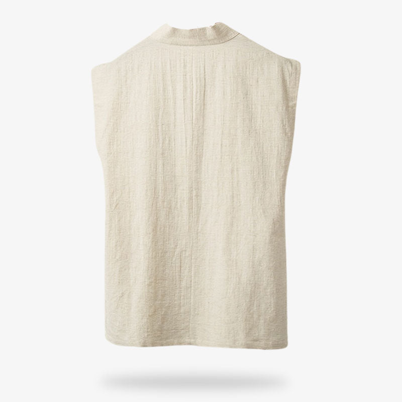A japanese style t-shirt men made with linen material. Shit sleeveless with v collar kimono