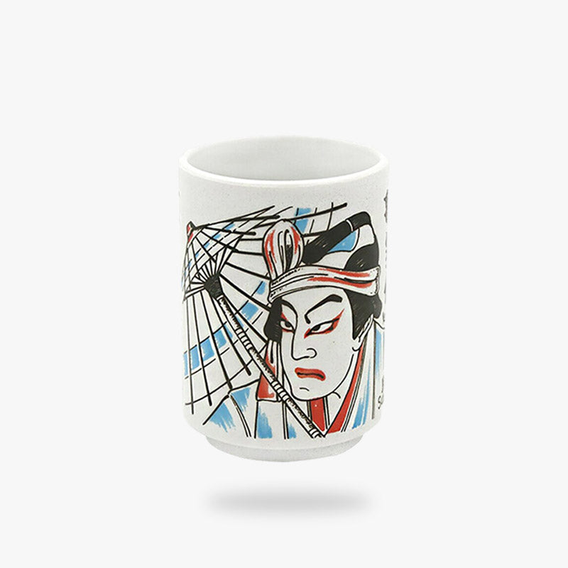 The Japanese style tea cups feature a striking design of a Kabuki actor dressed in a kimono with traditional makeup, capturing the drama and artistry of Japanese theater.