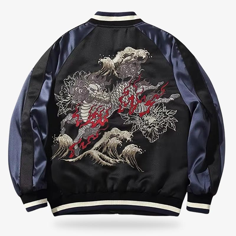 Japanese sukajan bomber jacket featuring intricate embroidery of traditional Japanese motifs, blending cultural heritage with contemporary streetwear.