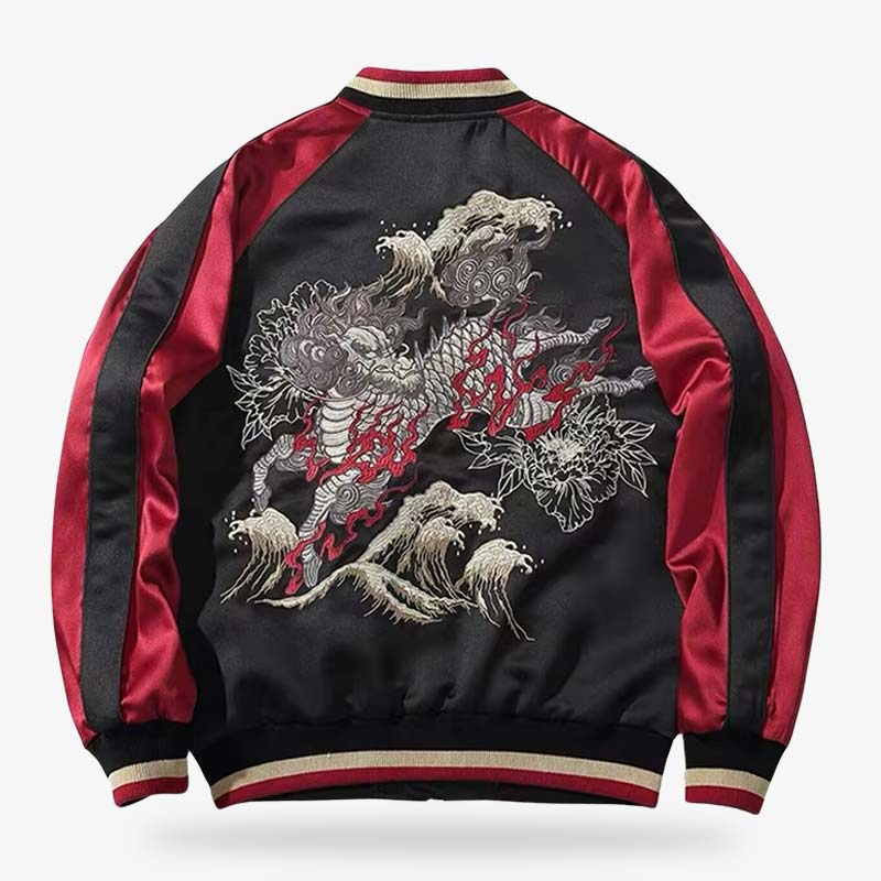 Japanese sukajan style bomber jacket featuring an embroidered Kirin, a mythical creature from Shinto mythology, symbolizing prosperity and protection.