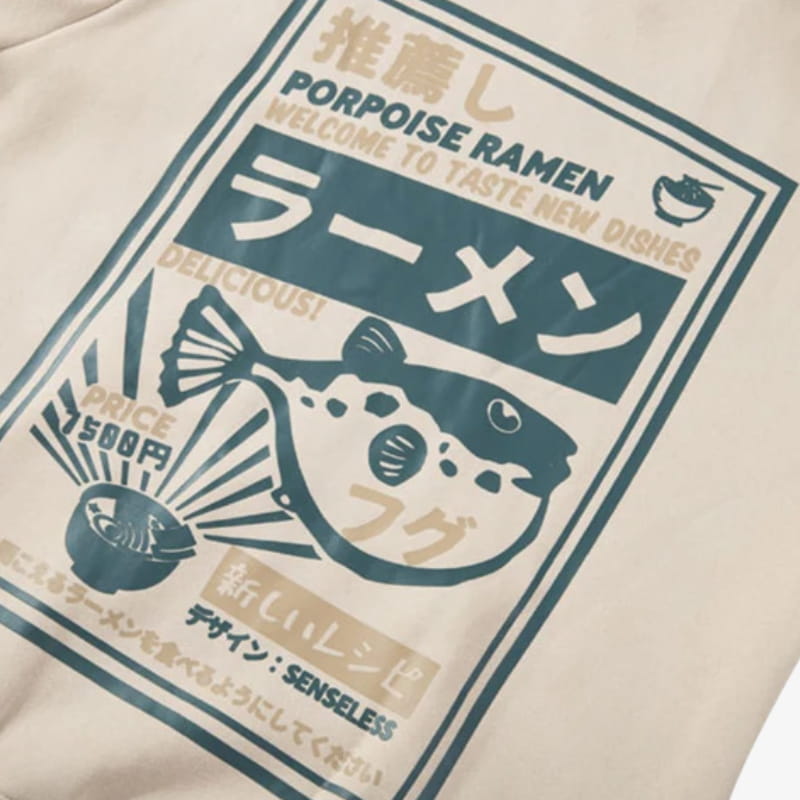 Beige sweatshirt with Japanese graphic design of porpoise ramen and text in Japanese and English.