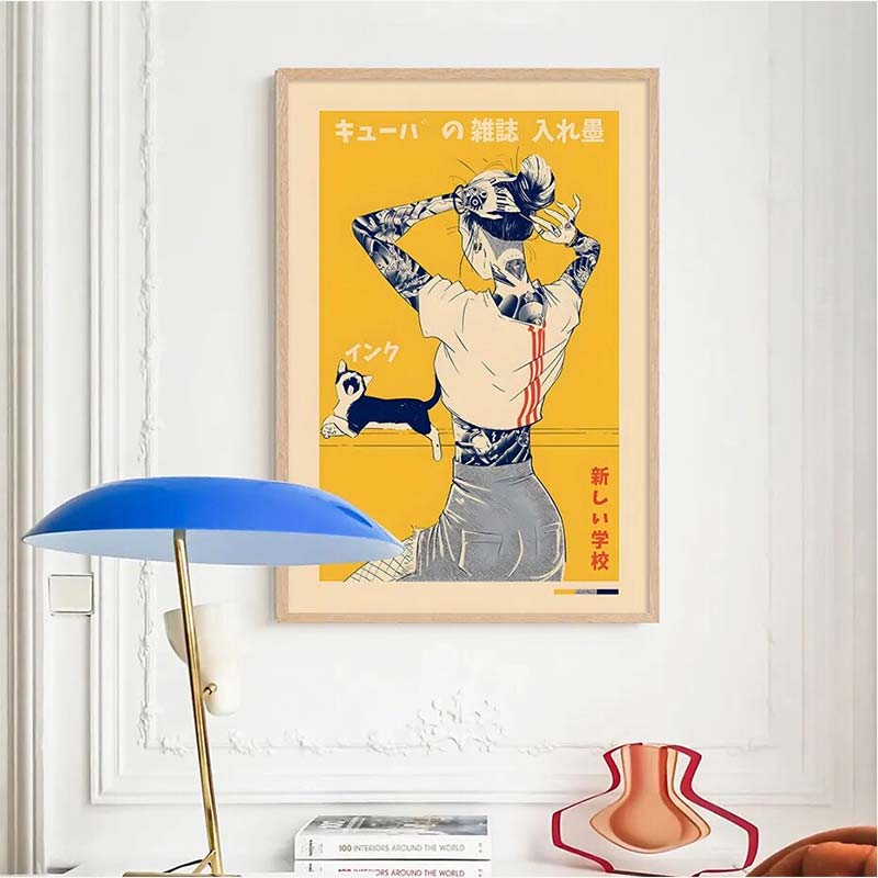 This modern Japanese tattoo painting hangs on a wall. The printed canvas depicts a woman tattooed with Japanese irezum symbols.