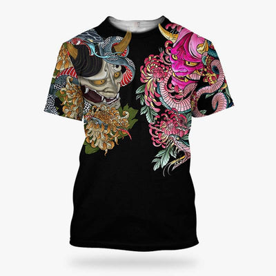 A Japanese tattoo t-shirt printed with Japanese Oni demon motifs. The Japanese t-shirt is made of cotton