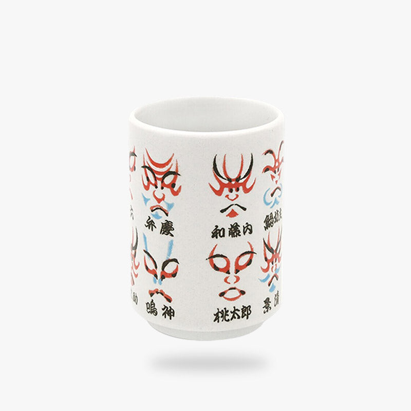 These Japanese tea cup styles showcase an intricate depiction of a Kabuki actor in full costume and makeup, blending cultural heritage with functional elegance