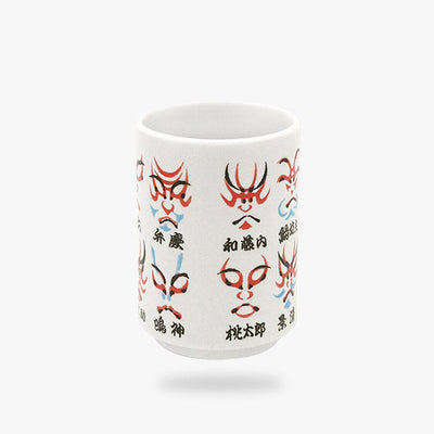 These Japanese tea cup styles showcase an intricate depiction of a Kabuki actor in full costume and makeup, blending cultural heritage with functional elegance