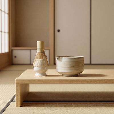 Two ceramic items on a wooden table in a minimalistic room with sliding doors.