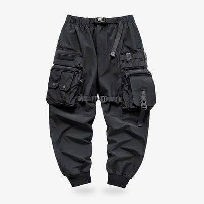 The japanese techwear pants is based on functionality with a lot of pockets. Black japanese streetwear pants for Harajuku fashion lovers