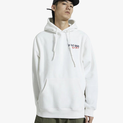 Person wearing a white Japanese Tokyo hoodie with Kanji text and graphics on a white background