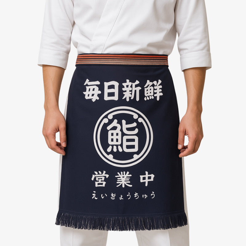 Japanese traditional apron men’s version crafted with premium navy cotton and white kanji; perfect for authentic kitchen environments and cultural cooking.