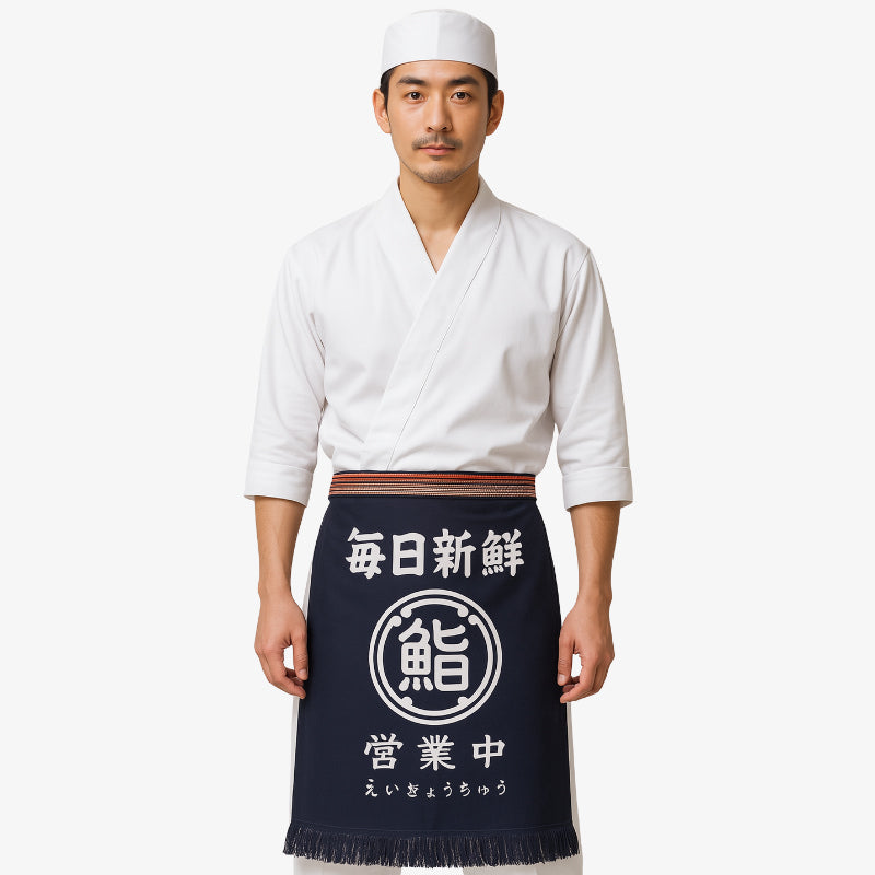 Japanese traditional apron in navy high-quality cotton featuring bold white kanji; ideal for chefs and culinary enthusiasts specializing in Japanese cuisine.