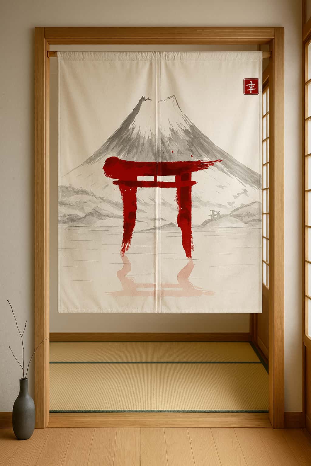Decorative japanese traditional curtain door with red torii gate design in a room with wooden floor and sliding doors.