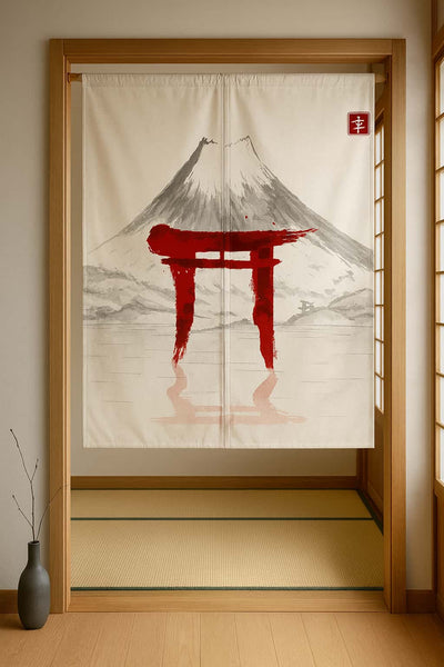 Decorative japanese traditional curtain door with red torii gate design in a room with wooden floor and sliding doors.