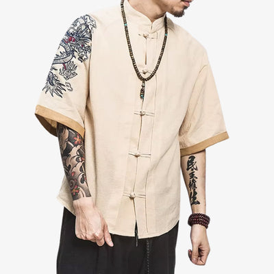 a man is dressed with Japanese dragon t-shirt with a dynamic, culturally rich print that captures the spirit of Japanese folklore.