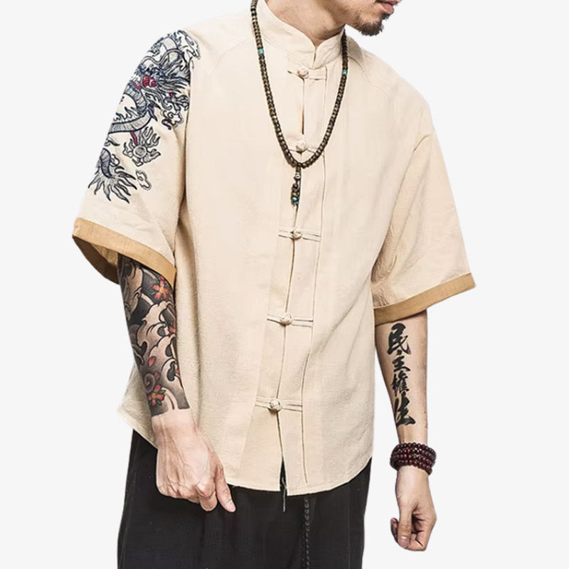 a man is dressed with Japanese dragon t-shirt with a dynamic, culturally rich print that captures the spirit of Japanese folklore.