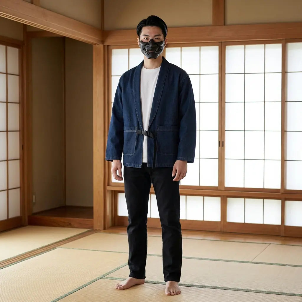 Man wearing a blue haori in a traditional Japanese washitsu room, front view