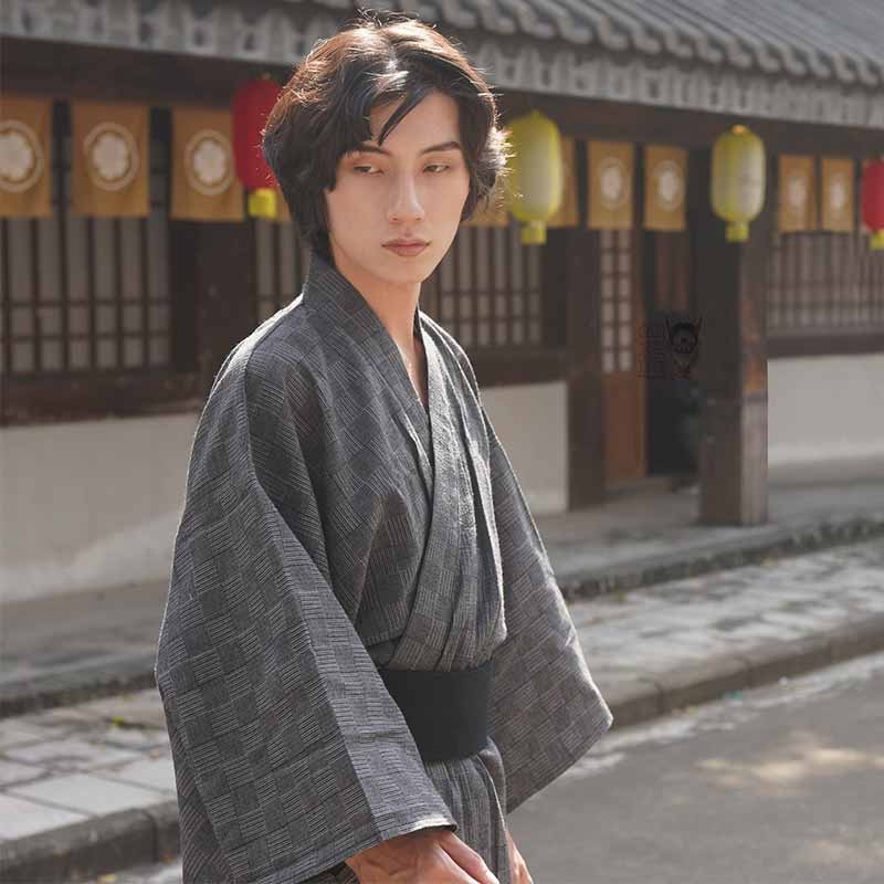 For a traditional outfit, wear a japanese traditional kimono stage haori samurai cosplay costume. The kimono dress for men is grey, with cotton material