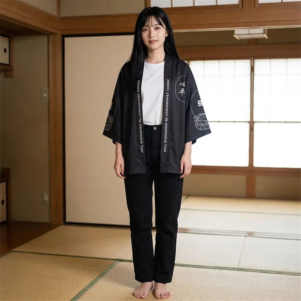 Woman wearing a haori style jacket in a washitsu room with tatami and shoji screens