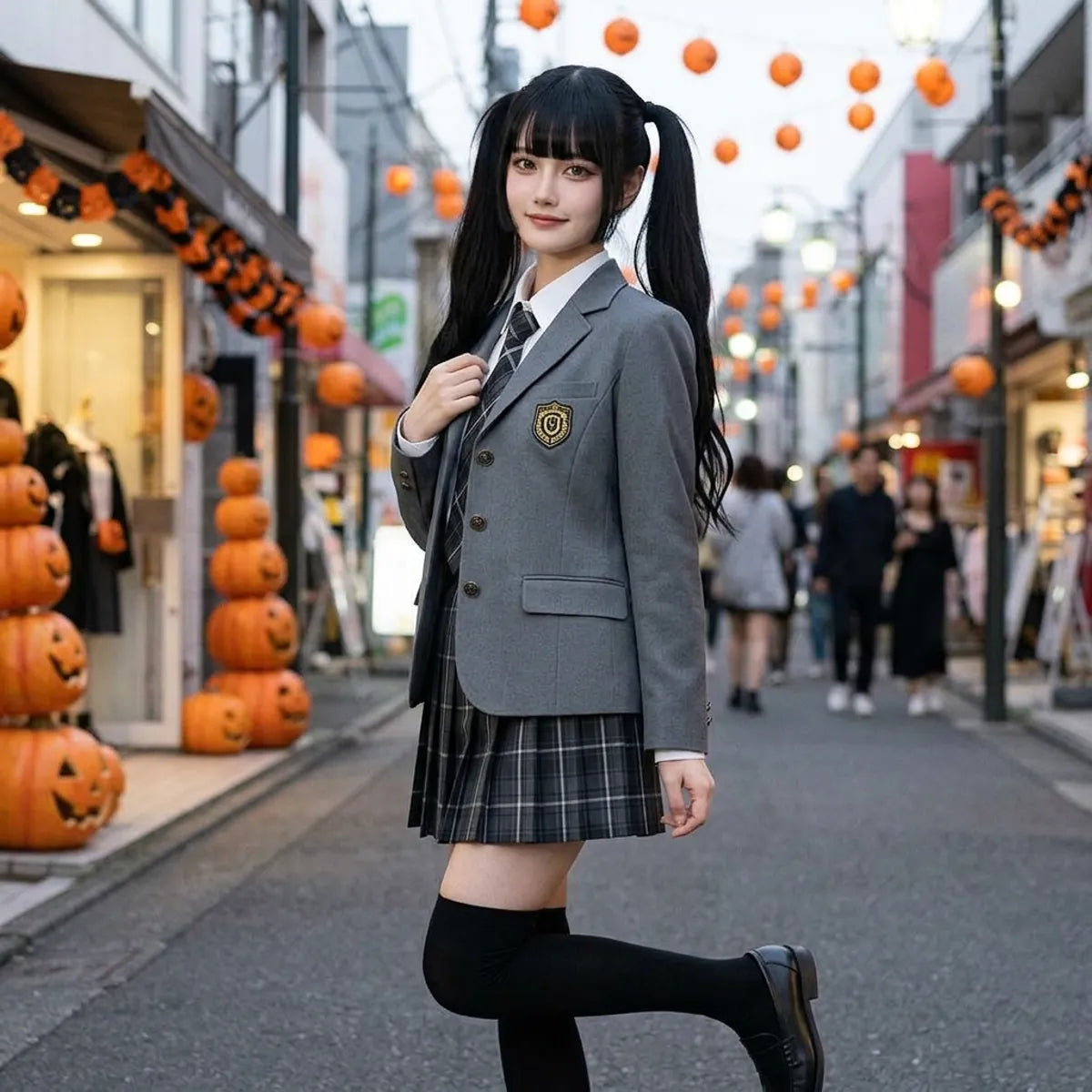 Model posing in white collared shirt with black grey white plaid tie under the grey blazer