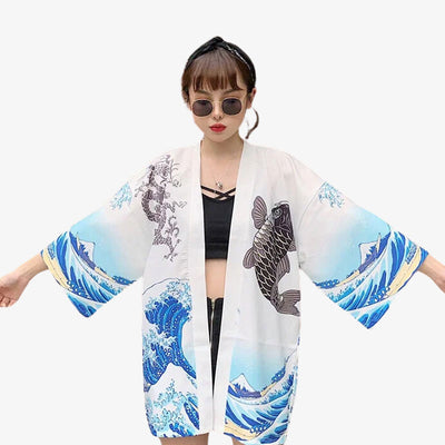 The japanese-wave-kimono blends traditional Japanese art with modern fashion, showcasing stunning koi fish motifs